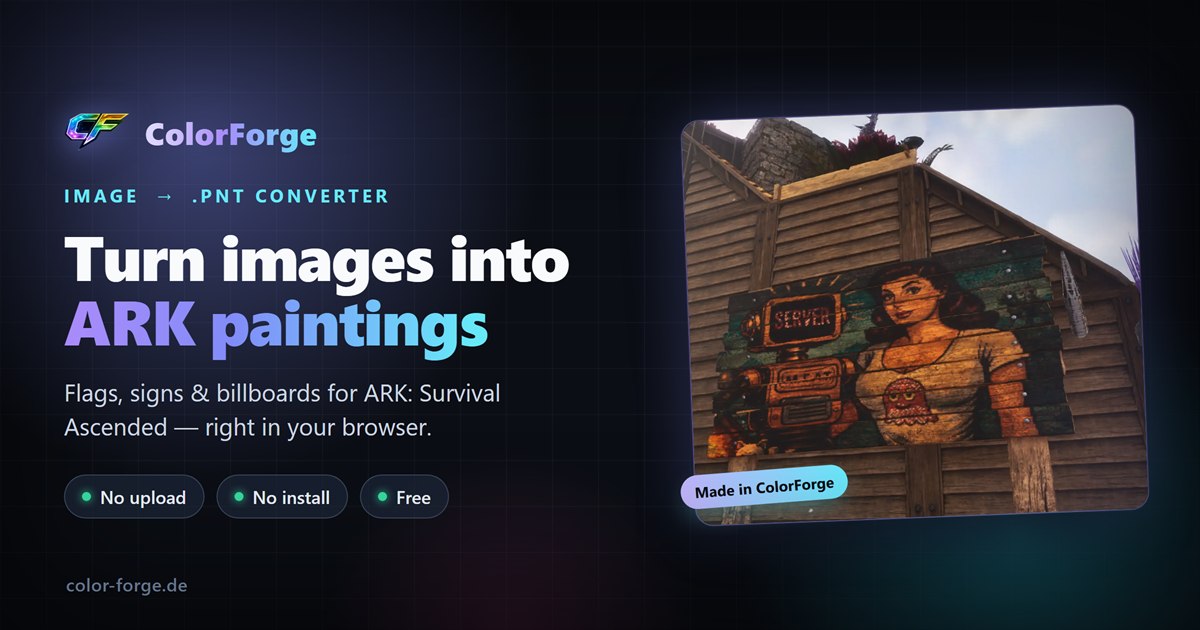 OG card for ColorForge — dark brand layout with the real logo and an ARK painting screenshot