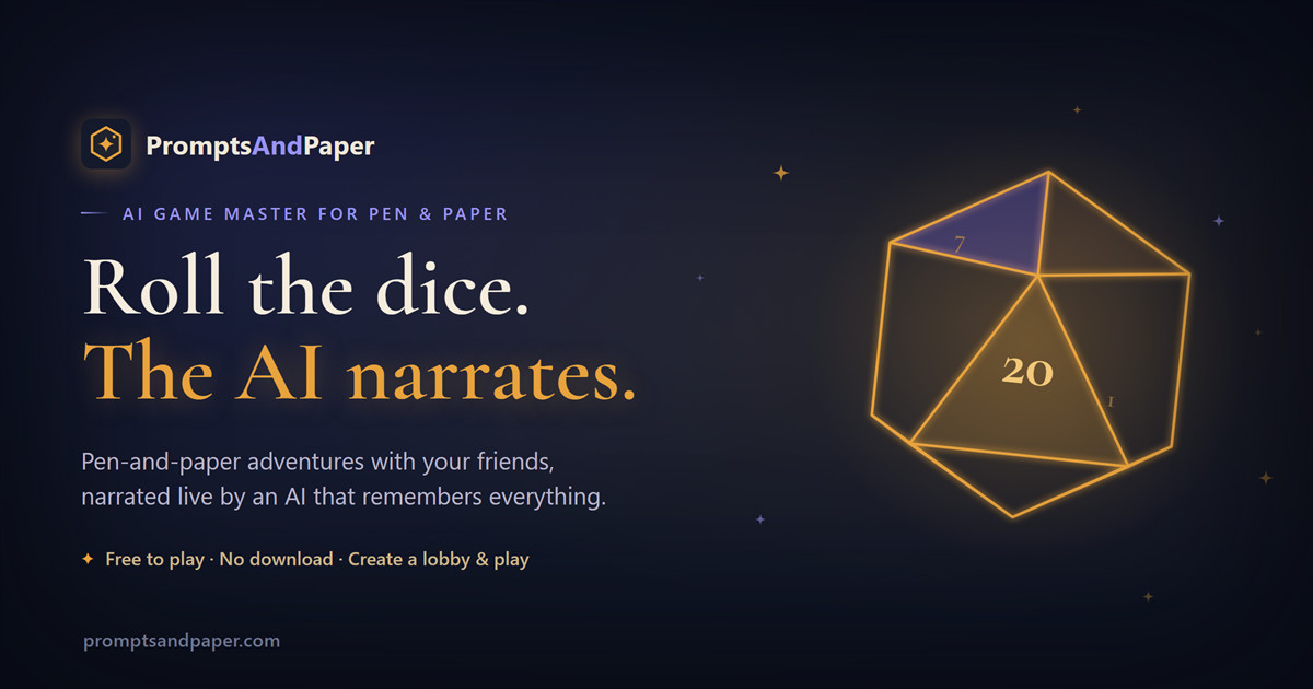 OG card for PromptsAndPaper — dark fantasy layout with gold, a serif headline and a D20 signature